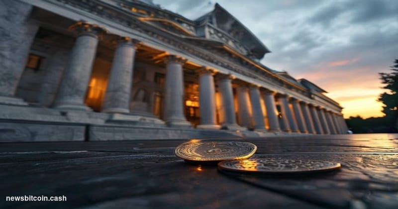Cinematic photorealistic editorial photograph of the U.S. Department of the Treasury building in Washington D.C., shot from a