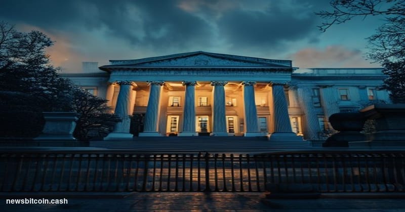 Cinematic photorealistic editorial photograph of the U.S. Department of the Treasury's neoclassical Washington D.C. headquart