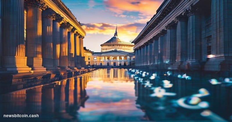 Cinematic photorealistic editorial photograph of the US Treasury building in Washington D.C. on the left side of the frame an