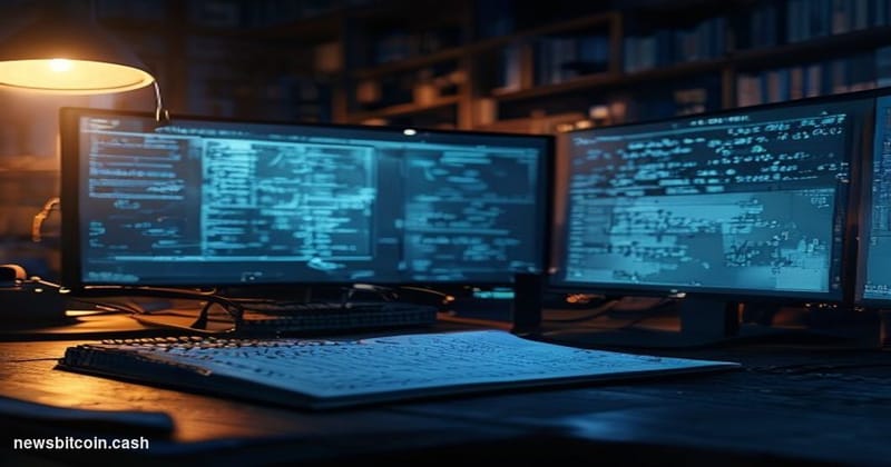 Cinematic photorealistic editorial photograph of a dimly lit research workspace at night, featuring dual monitors displaying 