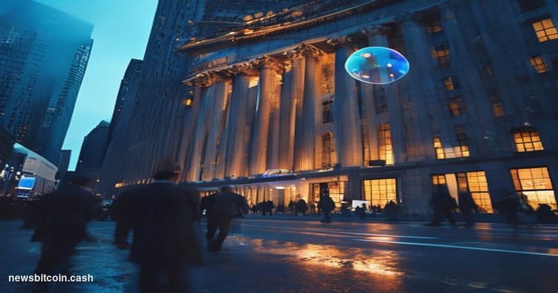 A cinematic photorealistic editorial photograph of the New York Stock Exchange building on Wall Street, shot at dusk with dra