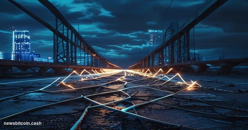 Cinematic photorealistic editorial photograph of a shattered digital bridge rendered as a physical structure — a darkened con