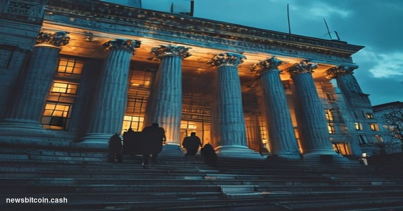 Cinematic photorealistic editorial photograph of the exterior of the Federal Reserve headquarters in Washington D.C. — the ne