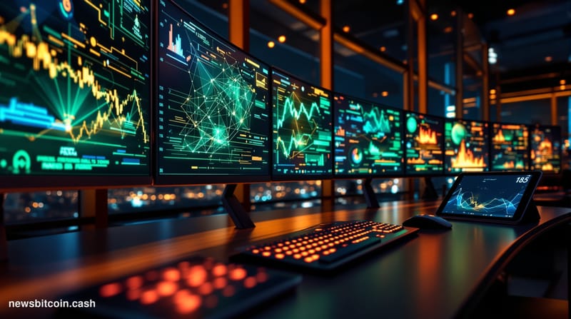 Cinematic photorealistic editorial photograph of a modern crypto trading operations center, shot from a low angle looking up 