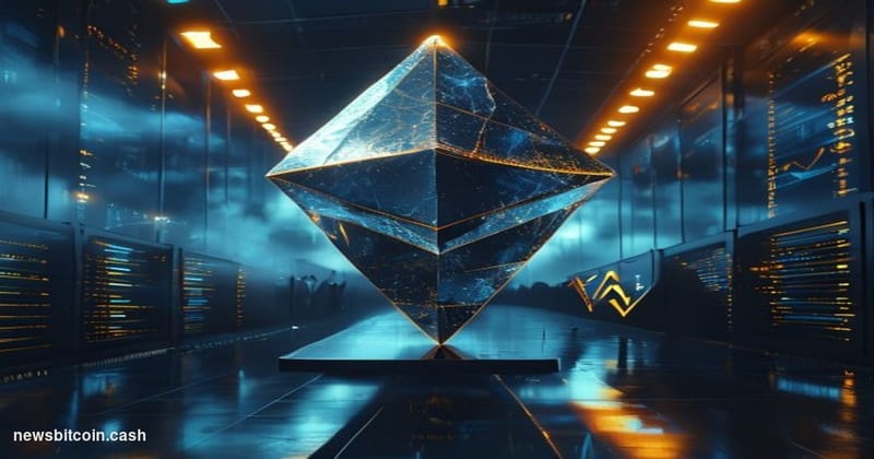 Cinematic photorealistic editorial photograph of a glowing Ethereum diamond logo rendered as a massive physical sculpture on 