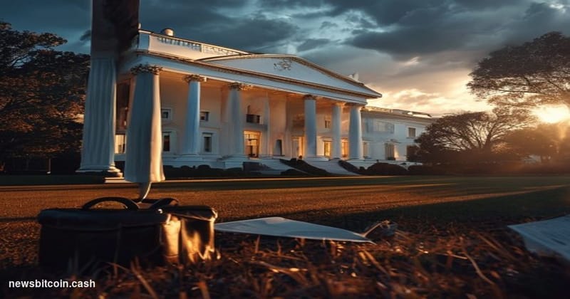 Cinematic photorealistic editorial photograph of the White House's West Wing exterior at dawn, viewed from Pennsylvania Avenu