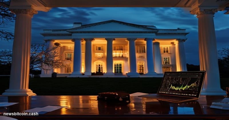 Cinematic photorealistic editorial photograph of the White House's West Wing exterior at dusk, shot from a low angle with the