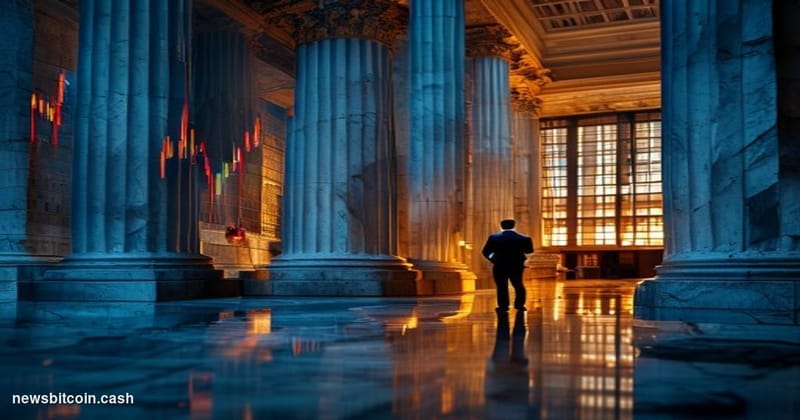 Cinematic photorealistic editorial photograph shot at a low angle looking up toward the imposing neoclassical facade of the C