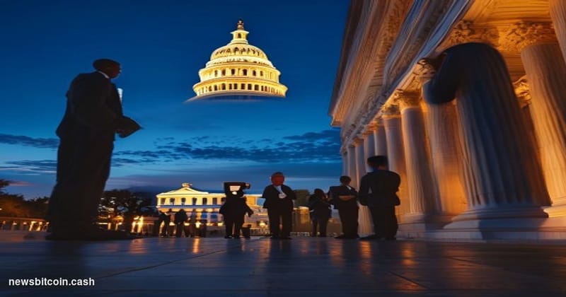 Cinematic photorealistic editorial photograph of the United States Capitol building at dusk, photographed from a low angle on