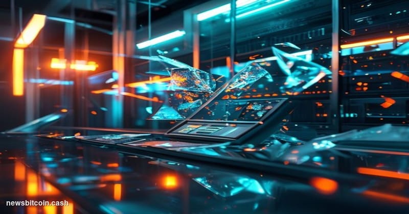 A cinematic photorealistic editorial photograph of a shattered glass trading terminal screen mid-collapse in a dimly lit fina