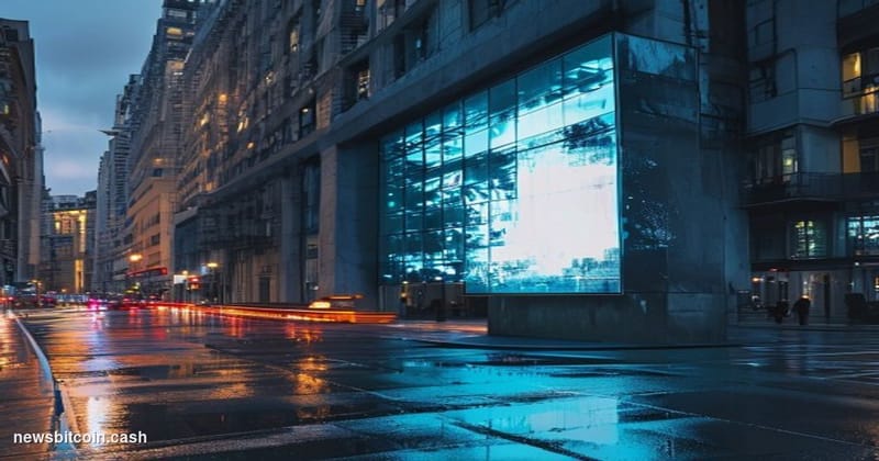 A cinematic photorealistic editorial photograph of a rain-slicked Madrid street at dusk, shot at a low angle looking up at a 