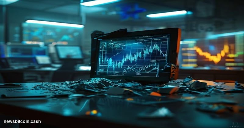 Cinematic photorealistic editorial photograph of a shattered glass trading terminal screen in a darkened financial operations
