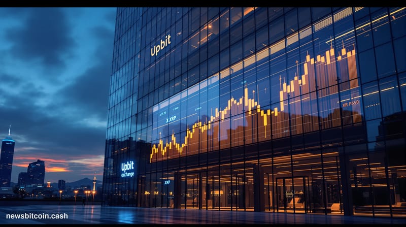 Cinematic photorealistic editorial photograph of the Upbit exchange headquarters in Seoul, South Korea, shot at dusk with dra