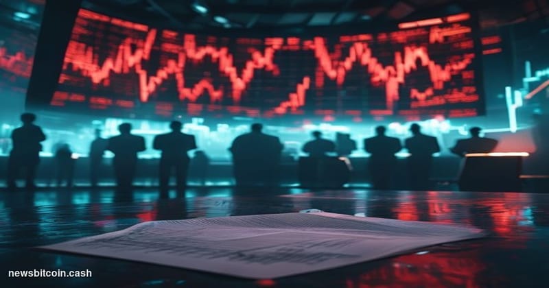 Cinematic photorealistic editorial photograph of a dramatic financial trading floor environment shot from a low angle, with a