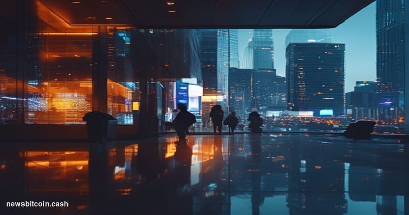 Cinematic photorealistic editorial photograph set in Seoul's Gangnam financial district at dusk, recognizable glass-and-steel