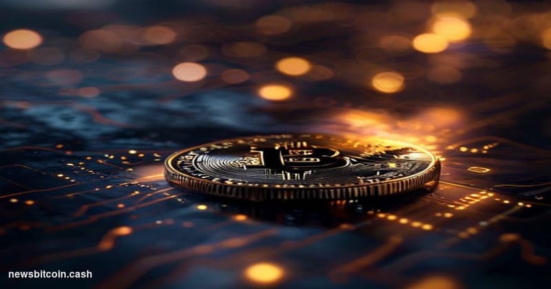 A cinematic photorealistic editorial photograph of a gleaming physical Bitcoin coin resting on a polished dark obsidian surfa