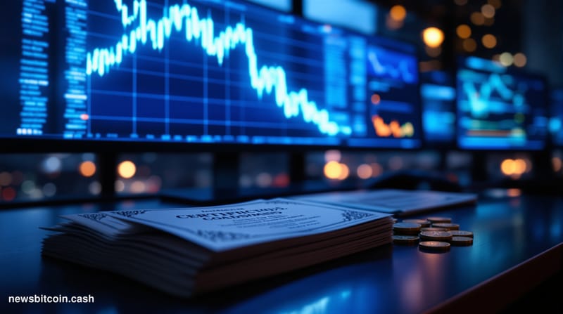 Cinematic photorealistic editorial photograph of a sleek trading terminal screen displaying a sharp downward curve graph labe