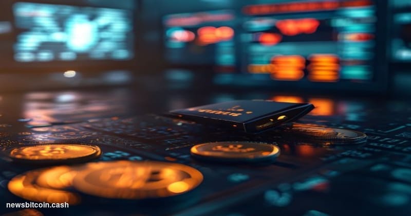 A cinematic photorealistic editorial photograph of a physical cold storage hardware wallet device resting on a dark metallic 