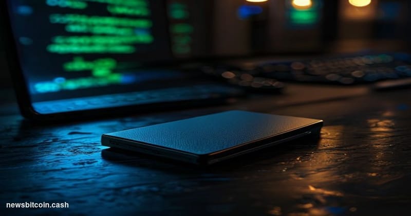 Cinematic photorealistic editorial photograph of a Ledger hardware wallet device — the iconic black rectangular dongle — rest