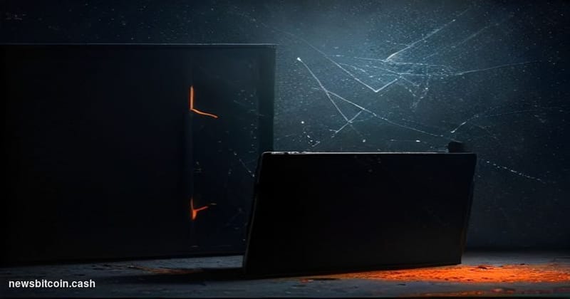 Cinematic photorealistic editorial photograph of a Coldcard hardware wallet device — the distinctive orange and black hardwar
