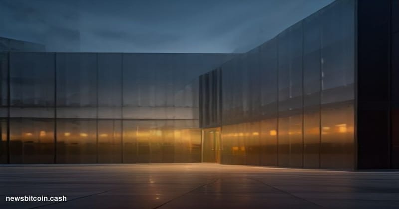 Cinematic photorealistic editorial photograph of Binance's global headquarters exterior at dusk, with warm amber light cuttin