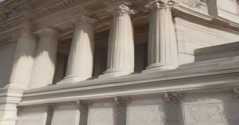 A cinematic photorealistic editorial photograph shot from a low angle looking up at the neoclassical marble facade of a grand