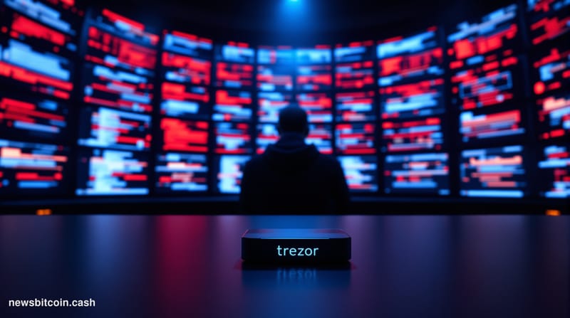 Cinematic photorealistic editorial photograph of a dimly lit cybersecurity operations center, shot at a low angle from the fl