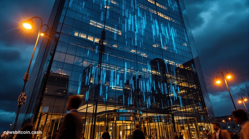 Cinematic photorealistic editorial photograph of the Frankfurt Stock Exchange (Börse Frankfurt) exterior at dusk, dramatic lo