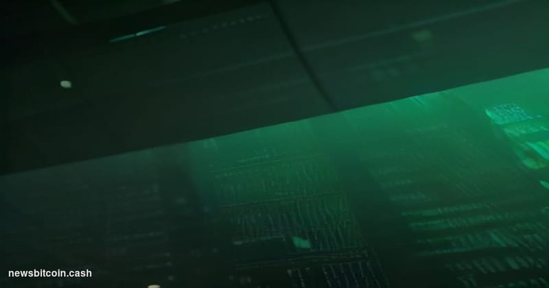 Cinematic photorealistic editorial photograph of a large financial trading floor at dusk, shot from a low angle looking up at