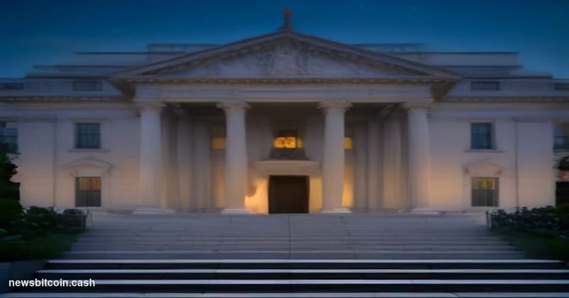 Cinematic photorealistic editorial photograph of the US Treasury Building in Washington D.C. at dusk, its neoclassical stone 