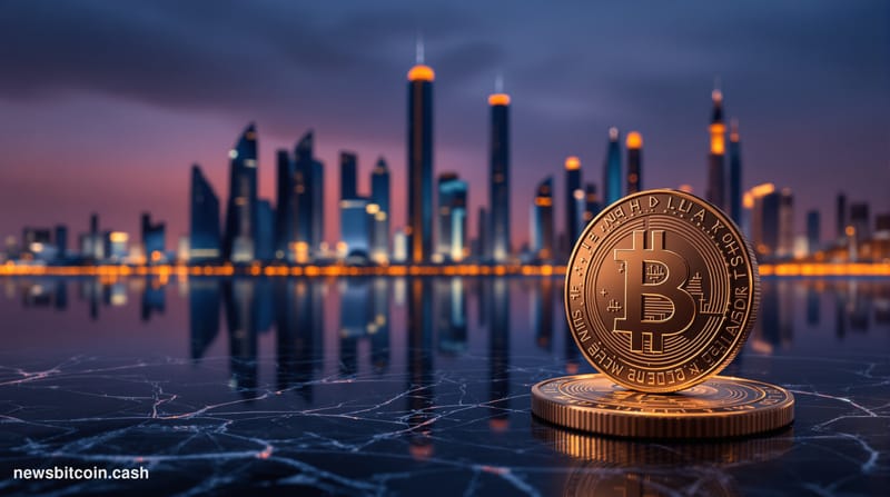 Cinematic photorealistic editorial photograph of the Abu Dhabi skyline at dusk, featuring the distinctive glass towers of the