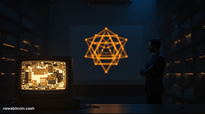 Cinematic photorealistic editorial photograph of a dimly lit research library or server room, with a large vintage computer m