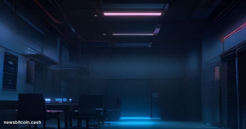 Cinematic photorealistic editorial photograph of a dimly lit enterprise server room, shot from a low angle looking up at towe