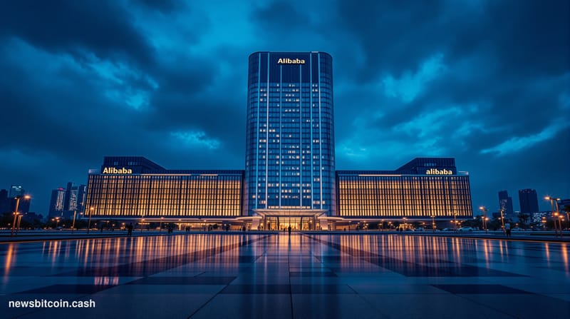 Cinematic photorealistic editorial photograph of Alibaba's corporate headquarters in Hangzhou, China, shot at dusk with drama