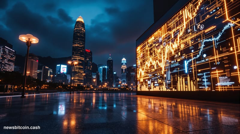 Cinematic photorealistic editorial photograph of the Hong Kong financial district skyline at dusk, shot from a low angle look