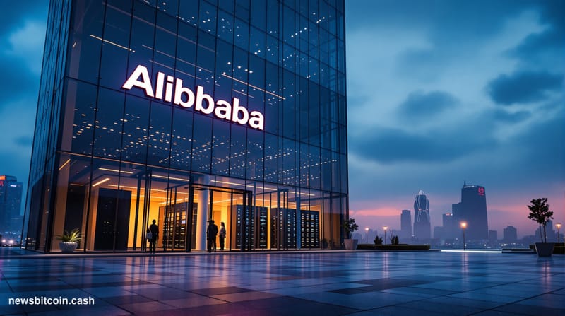 Cinematic photorealistic editorial photograph of Alibaba's corporate headquarters campus in Hangzhou, China, shot at dusk wit