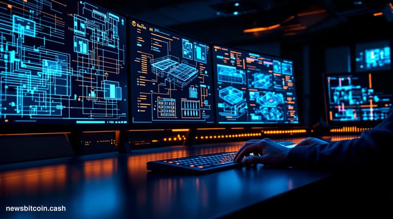 A cinematic photorealistic editorial photograph of a modern blockchain infrastructure control room, bathed in cool blue and a