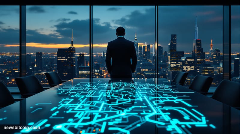 Cinematic photorealistic editorial photograph of a sharply dressed male figure — seen from behind at a floor-to-ceiling glass