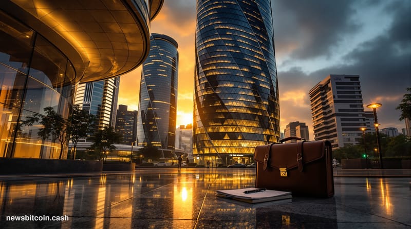 Cinematic photorealistic editorial photograph of a dramatic dusk shot of Mumbai's Bandra-Kurla Complex financial district sky