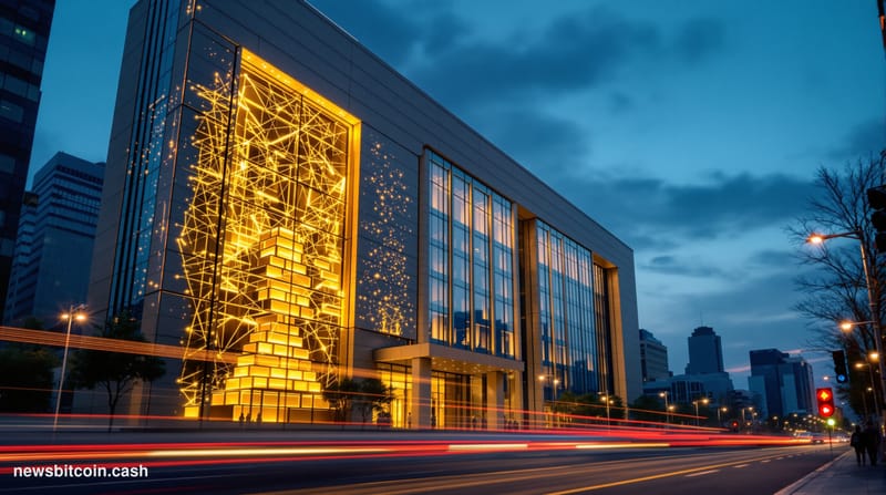 Cinematic photorealistic editorial photograph of the Bank of Korea's imposing granite headquarters building in central Seoul,