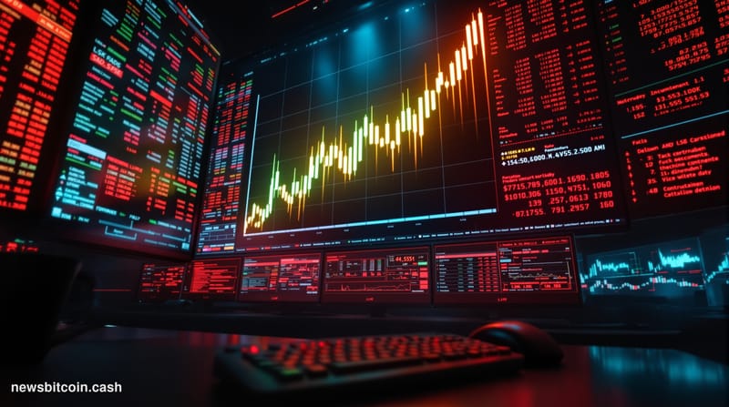 Cinematic photorealistic editorial photograph of a trading floor environment shot from a low angle looking up at massive red-