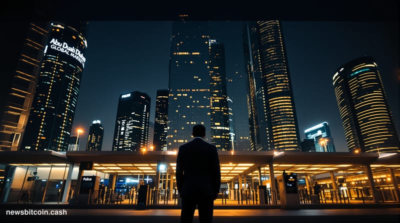 Cinematic photorealistic editorial photograph of Abu Dhabi's gleaming financial district skyline at dusk, shot from a low ang