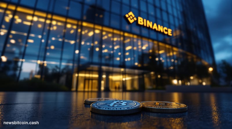 Cinematic photorealistic editorial photograph of the Binance global headquarters exterior at dusk, dramatic side-lighting cas