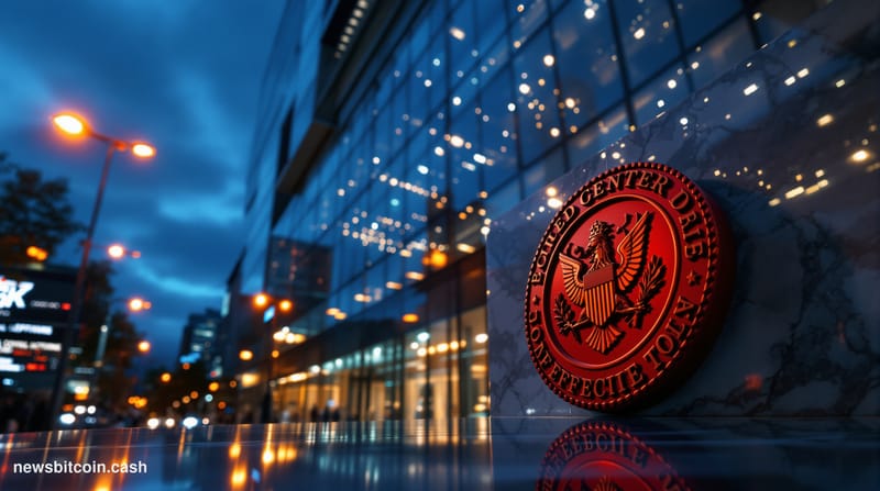 Cinematic photorealistic editorial photograph of the Binance global headquarters exterior at dusk, with a dramatic low-angle 