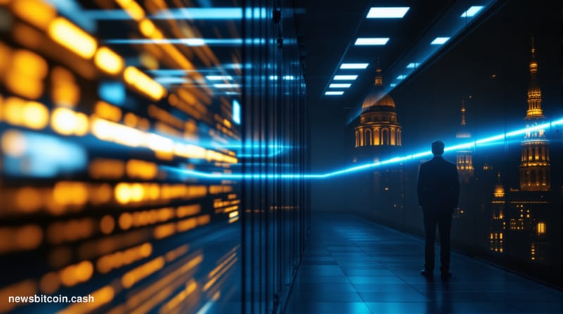 A cinematic photorealistic editorial photograph set in a dimly lit server room corridor, with a dramatic split composition: o