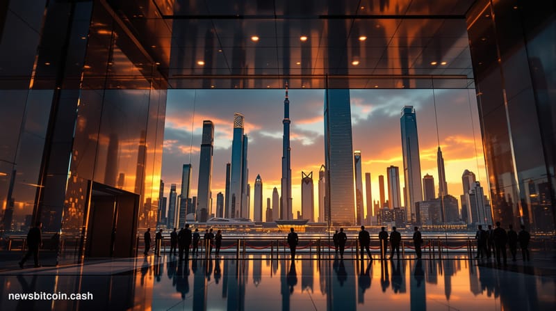 Cinematic photorealistic editorial photograph of the Dubai International Financial Centre skyline at dusk, with dramatic gold