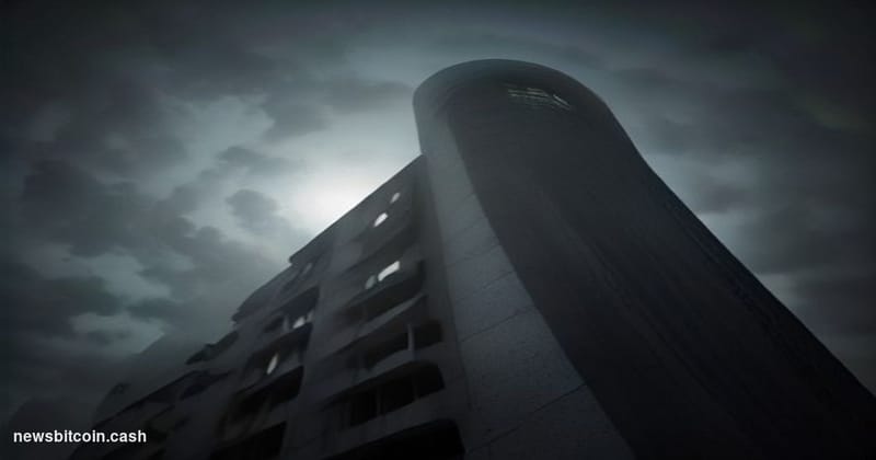 Cinematic photorealistic editorial photograph shot from a low angle looking up at the Bank for International Settlements head
