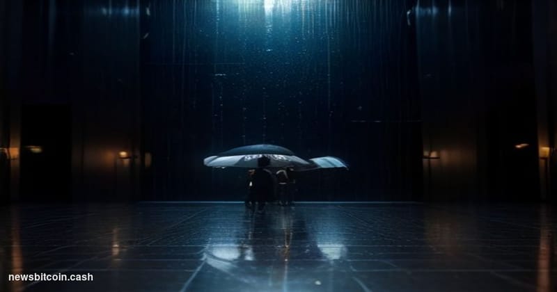 A cinematic photorealistic editorial photograph shot at ground level looking up at a towering digital ticker board in a rain-