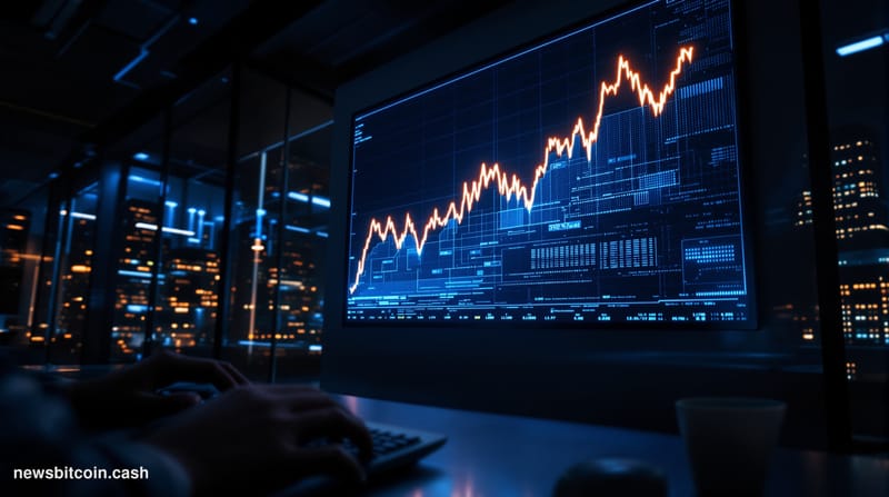 Cinematic photorealistic editorial photograph of a large trading screen mounted in a dimly lit financial operations room, dis