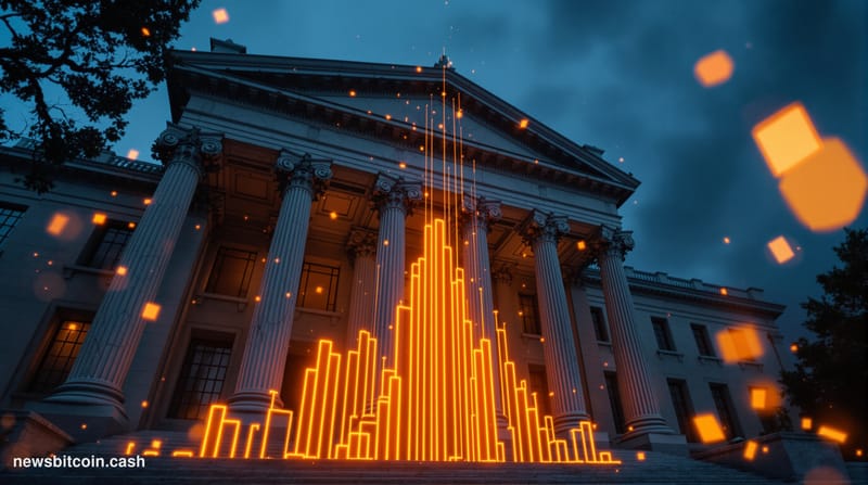 Cinematic photorealistic editorial photograph of a cracked and deteriorating US Treasury building facade in Washington D.C. s